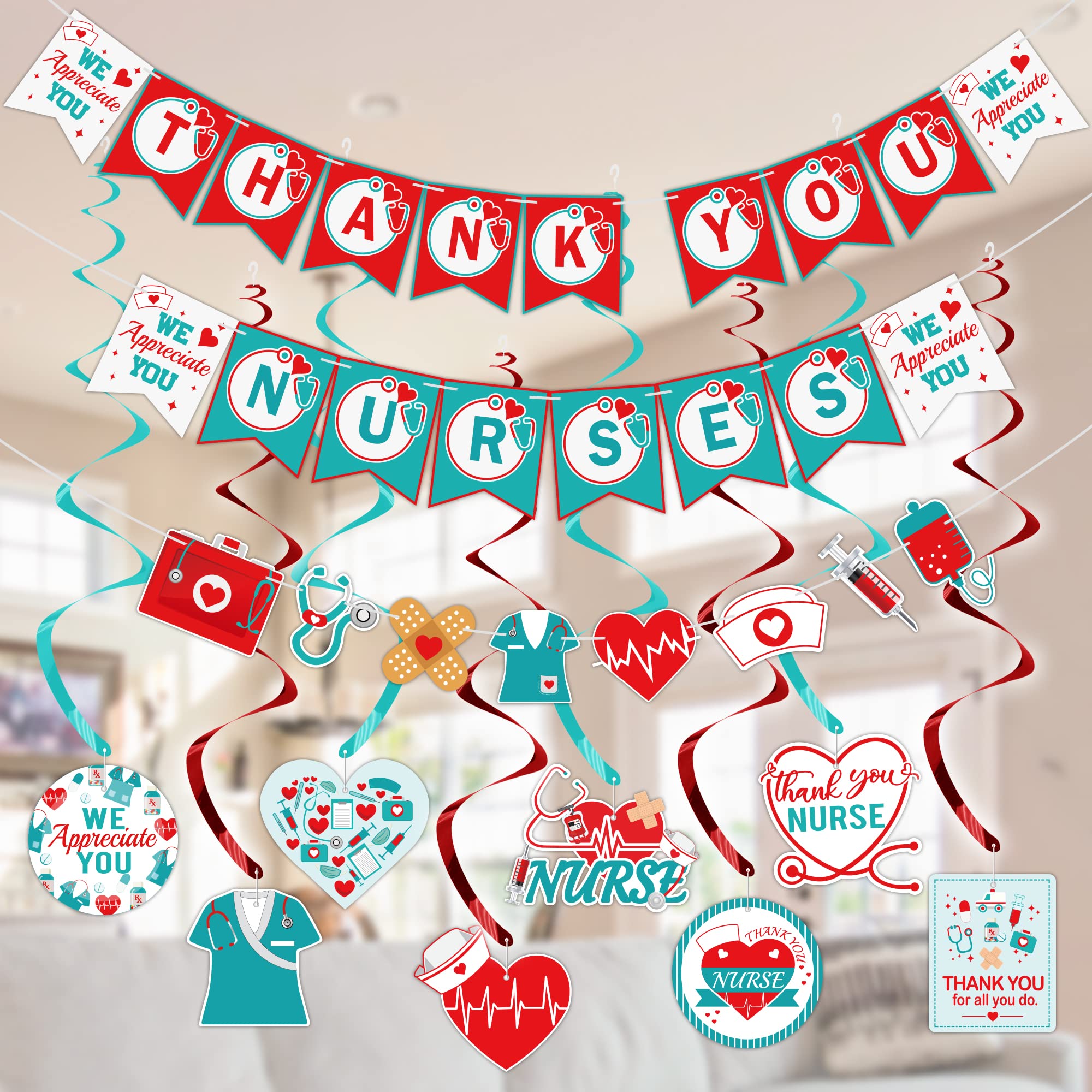 Nurse Appreciation Week Party Decorations Supplies - Pre Strung Nurse Day Decorations Set Include 8pcs Hanging Swirls & 3pcs Thank You Nurses Banners Garland for Nurse Appreciation Week Parties