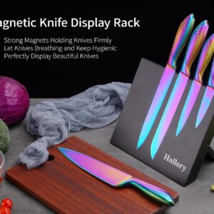 Rainbow Knives Block Set 6 Pieces, Iridescent German High Carbon Stainless Steel Kitchen Knives Pack with Magnetic Knife Display Rack