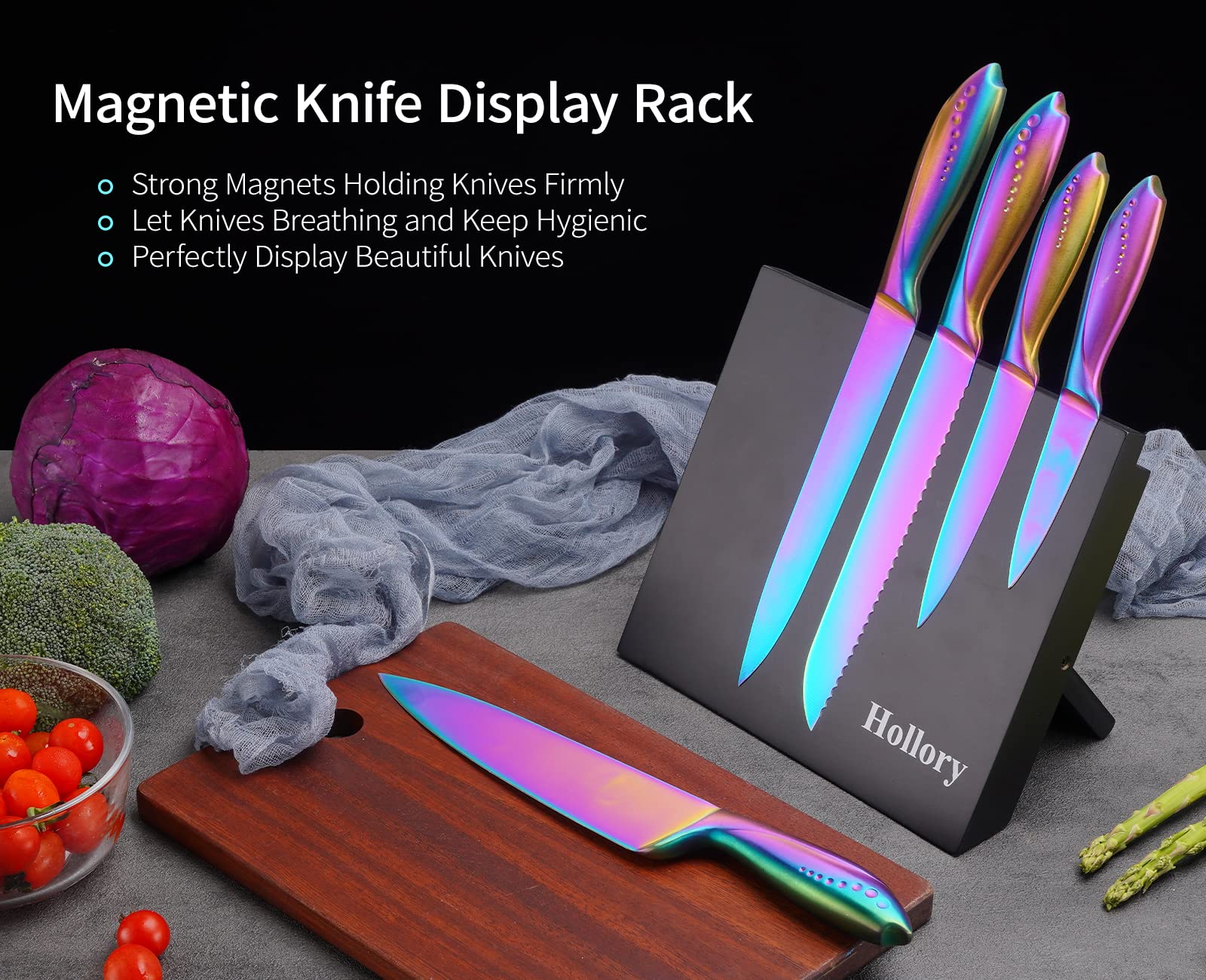 Rainbow Knives Block Set 6 Pieces, Iridescent German High Carbon Stainless Steel Kitchen Knives Pack with Magnetic Knife Display Rack