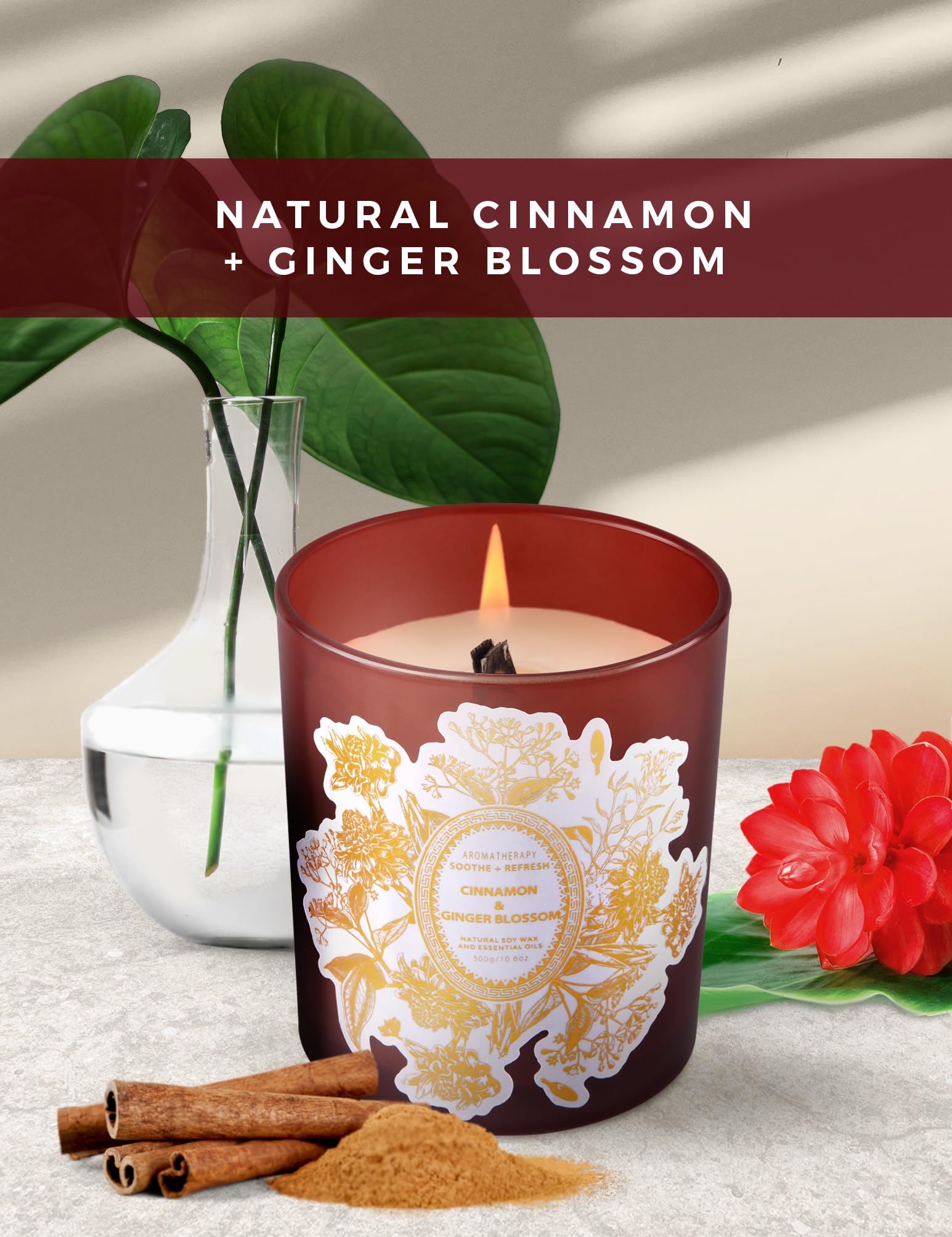 Cinnamon Ginger Blossom Wood Wick Scented Candle | Big Candle for Home Decor 10.6 oz Scented Soy Candle, Relaxing Candles for Women and Men, Aromatherapy Candle Gift