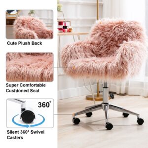 Modern Swivel Vanity Chair with Wheels for Bedroom Pink Faux Fur Desk Chair for Makeup Room Cute Upholstered Accent Swivel Chair for Living Room Small Home Office