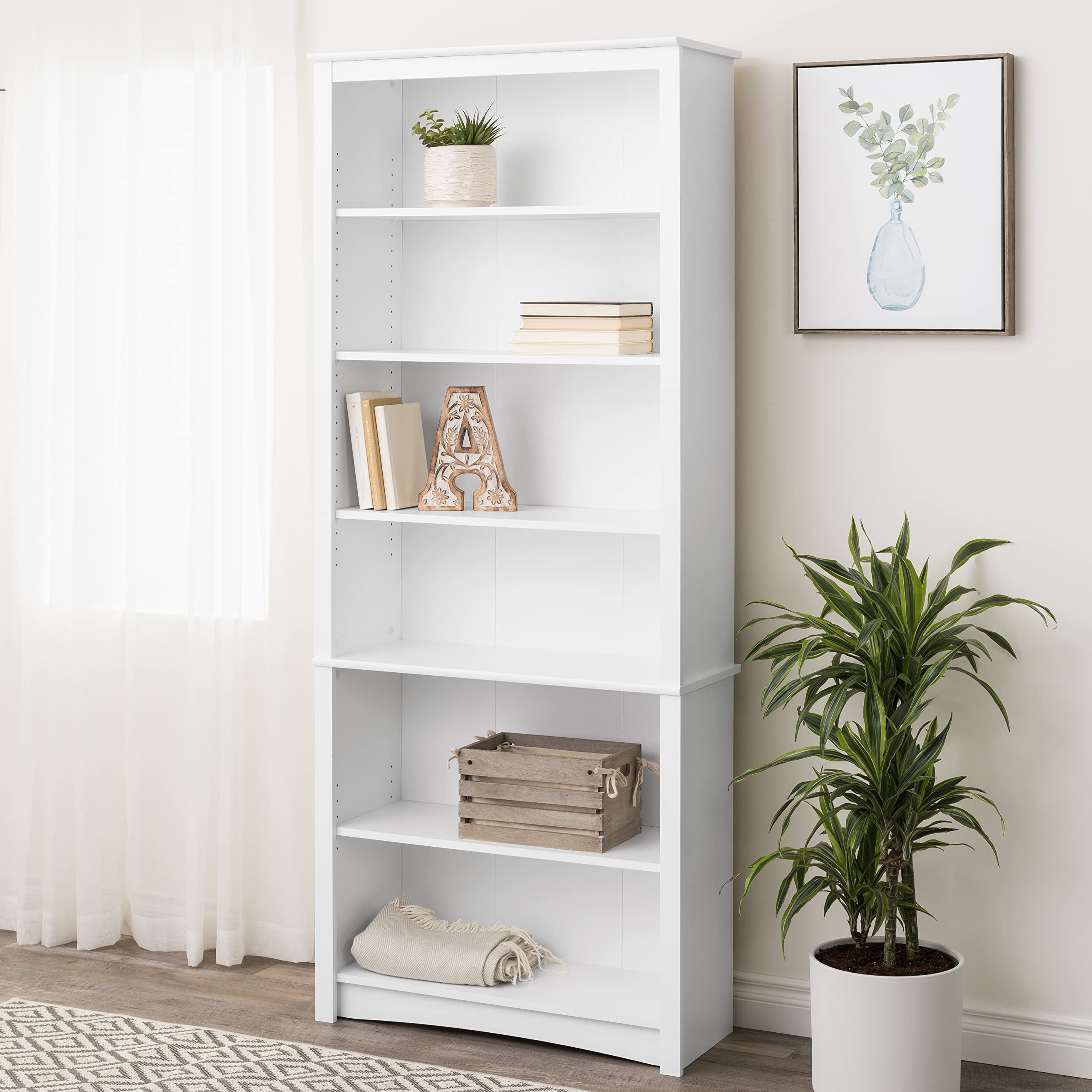 Prepac Sonoma Tall 6-Tier Bookcase 77"H with 3 Adjustable Shelves, White Storage Cabinet, Modern Display Cabinet, Bookshelf with Storage Shelves for Home Office, Living Room, Bedroom Organizer