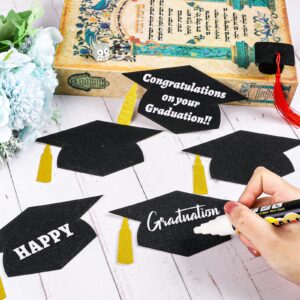 Whaline 50Pcs Grad Caps Cutouts Glitter Black Graduation Hat Cutouts 5.7 Inch Grad Cap Cut-Outs Confetti Table Decor with 100Pcs Glue Points for High School College Graduation Party Supplies