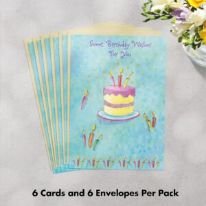 Designer Greetings Special Thoughts Happy Birthday Cards, “Sweet Birthday Wishes” Cake with Candles Design (Pack of 6 Cards with Yellow Envelopes)