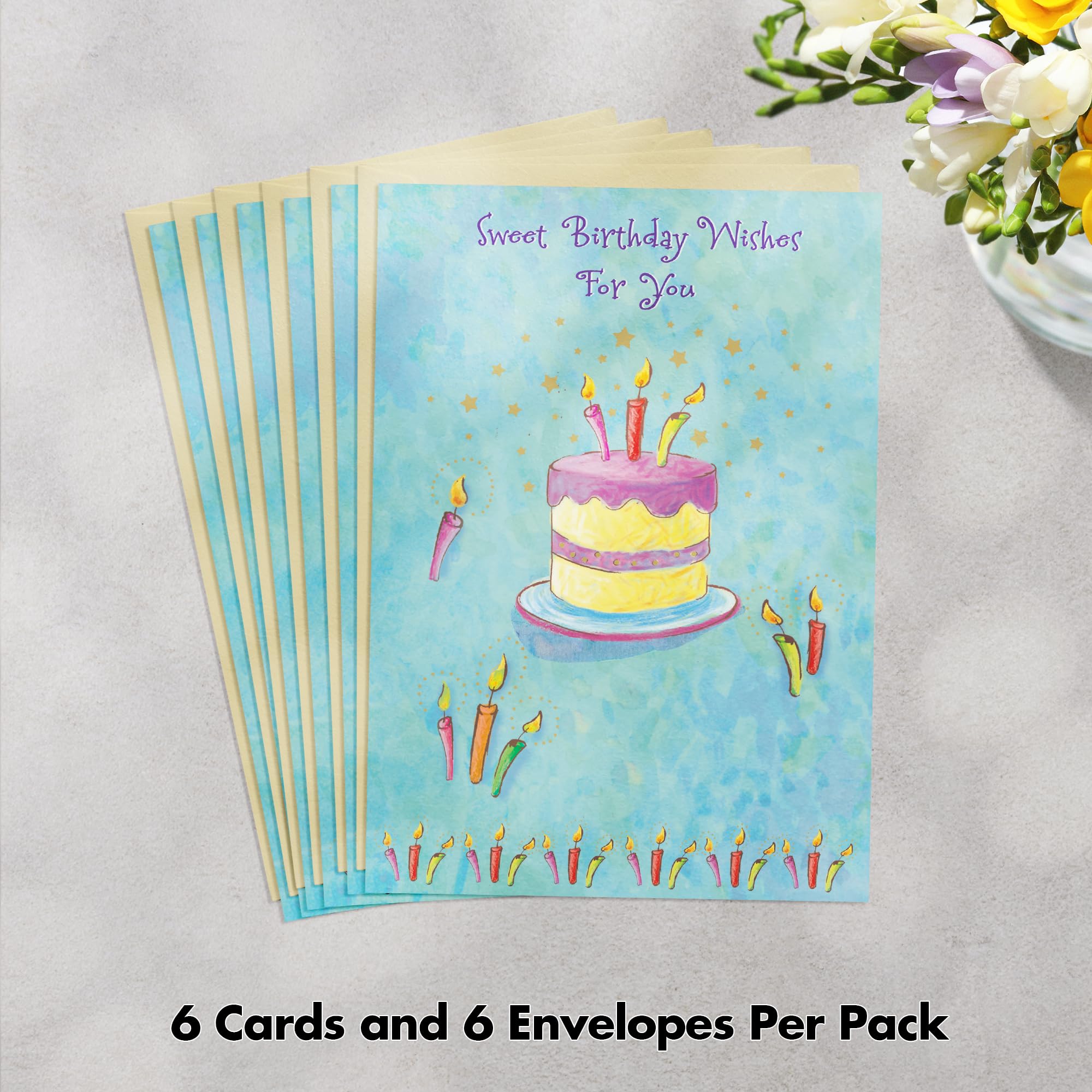 Designer Greetings Special Thoughts Happy Birthday Cards, “Sweet Birthday Wishes” Cake with Candles Design (Pack of 6 Cards with Yellow Envelopes)