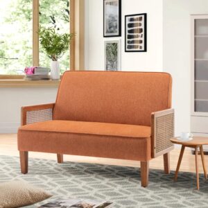 Changjie Furniture Rattan Sofa Small Loveseat Sofa Couch with Arms Upholstered Small Love seat Mini Sofa Couch for Bedroom Living Room Orange