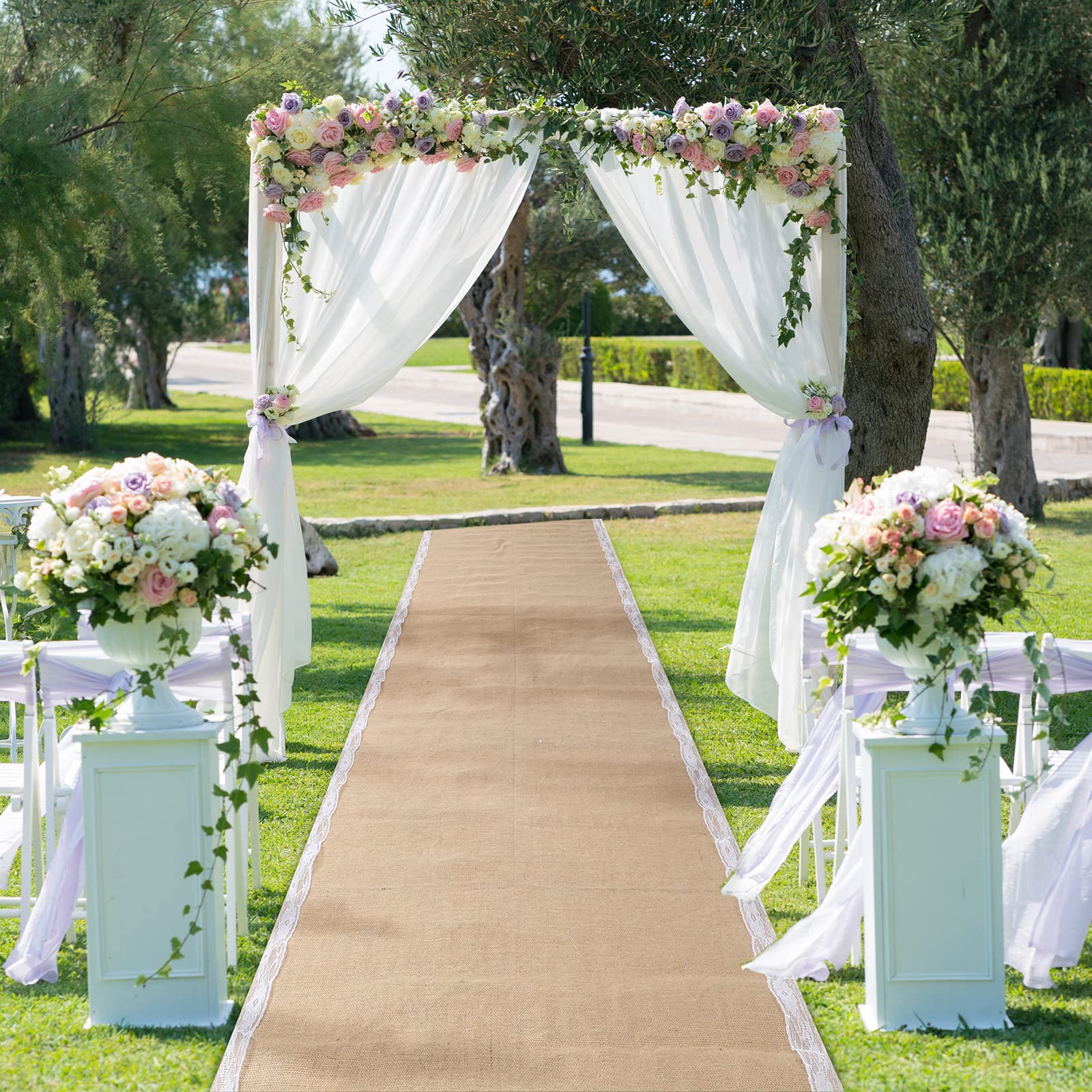 Tudomro Burlap Wedding Aisle Runner for Wedding Ceremony White Lace Wedding Runner Walkway Weddings Carpet Indoor Outdoor Party Event Reception Bridal Shower Ceremony Decorations (40'' x 15 ft)