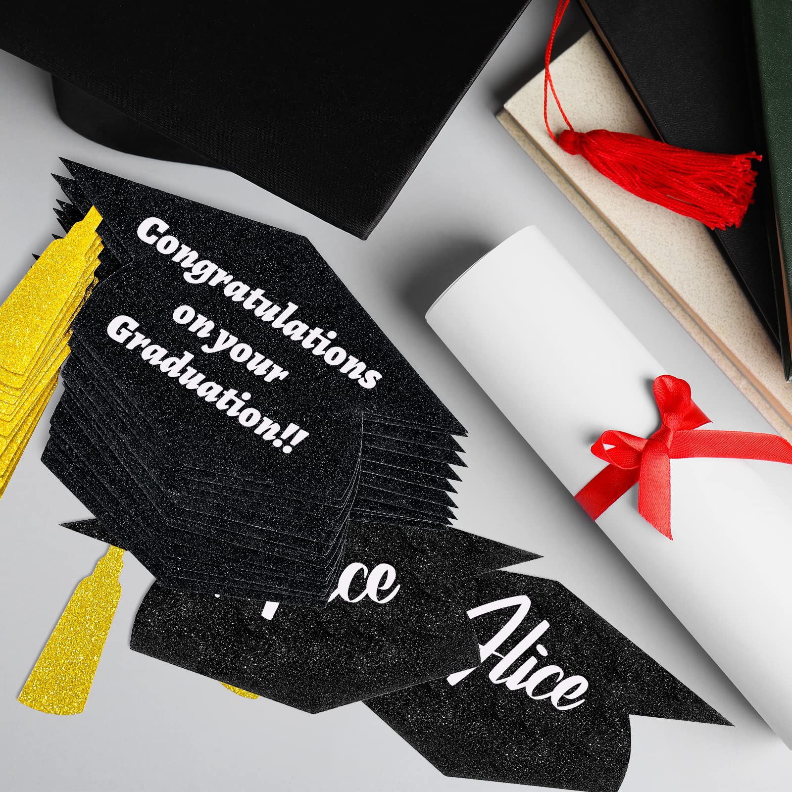 Whaline 50Pcs Grad Caps Cutouts Glitter Black Graduation Hat Cutouts 5.7 Inch Grad Cap Cut-Outs Confetti Table Decor with 100Pcs Glue Points for High School College Graduation Party Supplies