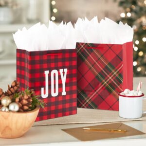 Hallmark Image Arts 8" Medium Christmas Gift Bags (8 Red and Green Bags: Plaid, Snowflake, Joy, Deer) for Teachers, Coworkers, Family