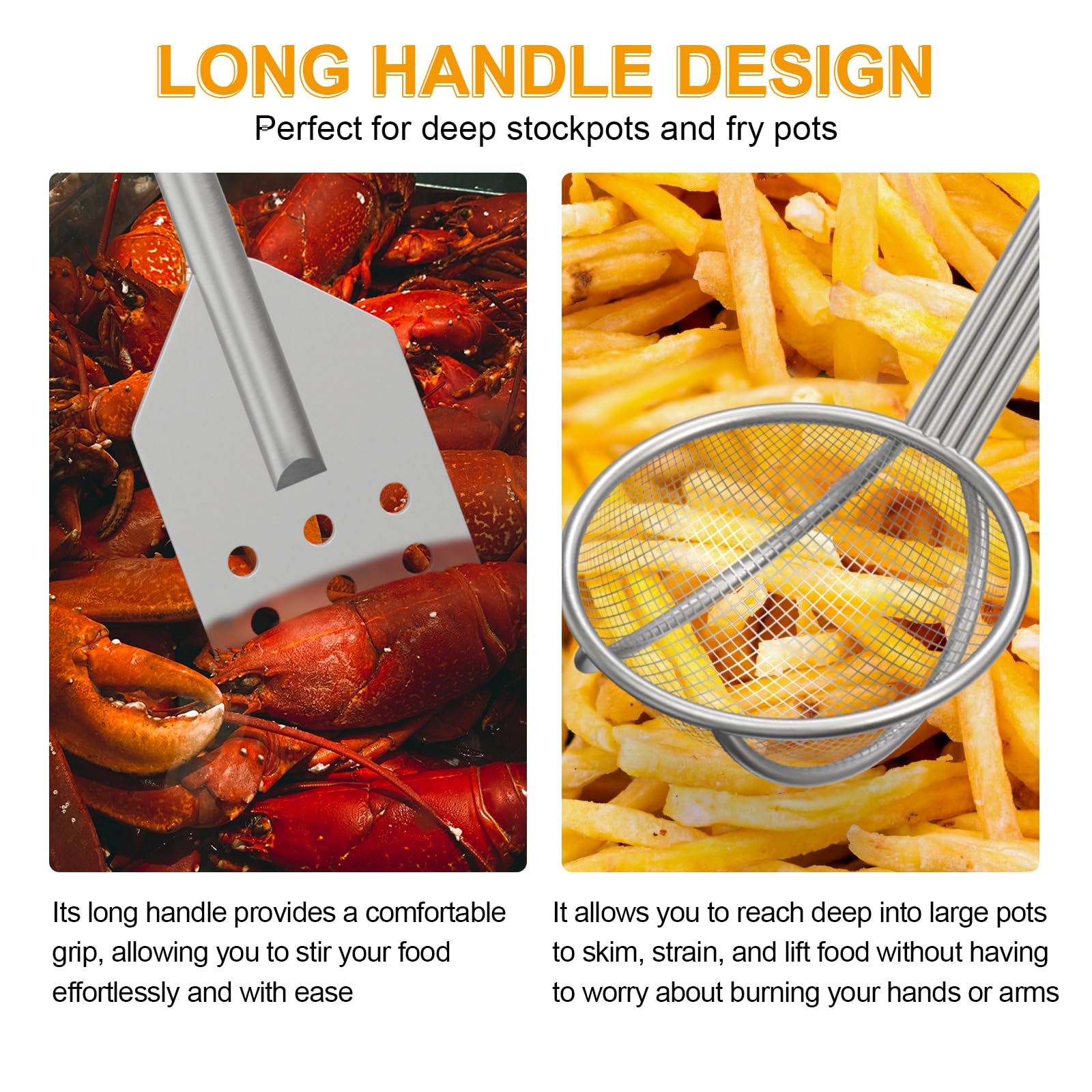 BBQ PLUS 42 Inch Crawfish/Crab Boil Mixing Stir Paddle and Wire Mesh Skimmer Spoon Fryer with Long Handle for Stockpots and Fry Pots,Large Stirring Paddle Skimmer Ladle Accessories