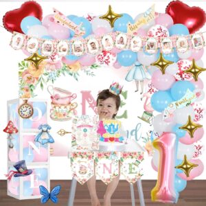 138 PCs Alice in Wonderland 1st Birthday Party Decorations, Hombae Alice in Onederland First Backdrop Balloon Garland Arrow Sign Monthly Photo Highchair Banner Box Cutout Cake Topper Crown Poster