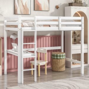 livinest twin loft bed frame - wood pine bed frames with ladder safety rail and desk - loft size bed with table for kids boys girls white