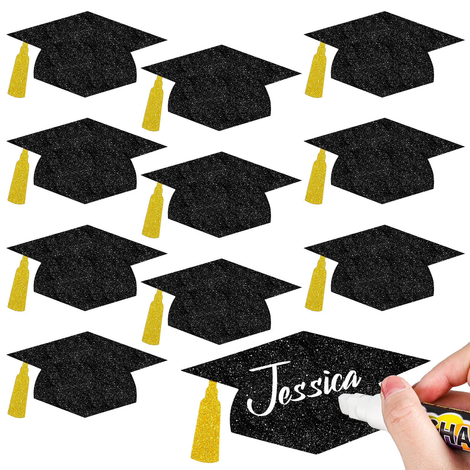 Whaline 50Pcs Grad Caps Cutouts Glitter Black Graduation Hat Cutouts 5.7 Inch Grad Cap Cut-Outs Confetti Table Decor with 100Pcs Glue Points for High School College Graduation Party Supplies