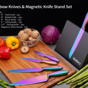 Rainbow Knives Block Set 6 Pieces, Iridescent German High Carbon Stainless Steel Kitchen Knives Pack with Magnetic Knife Display Rack