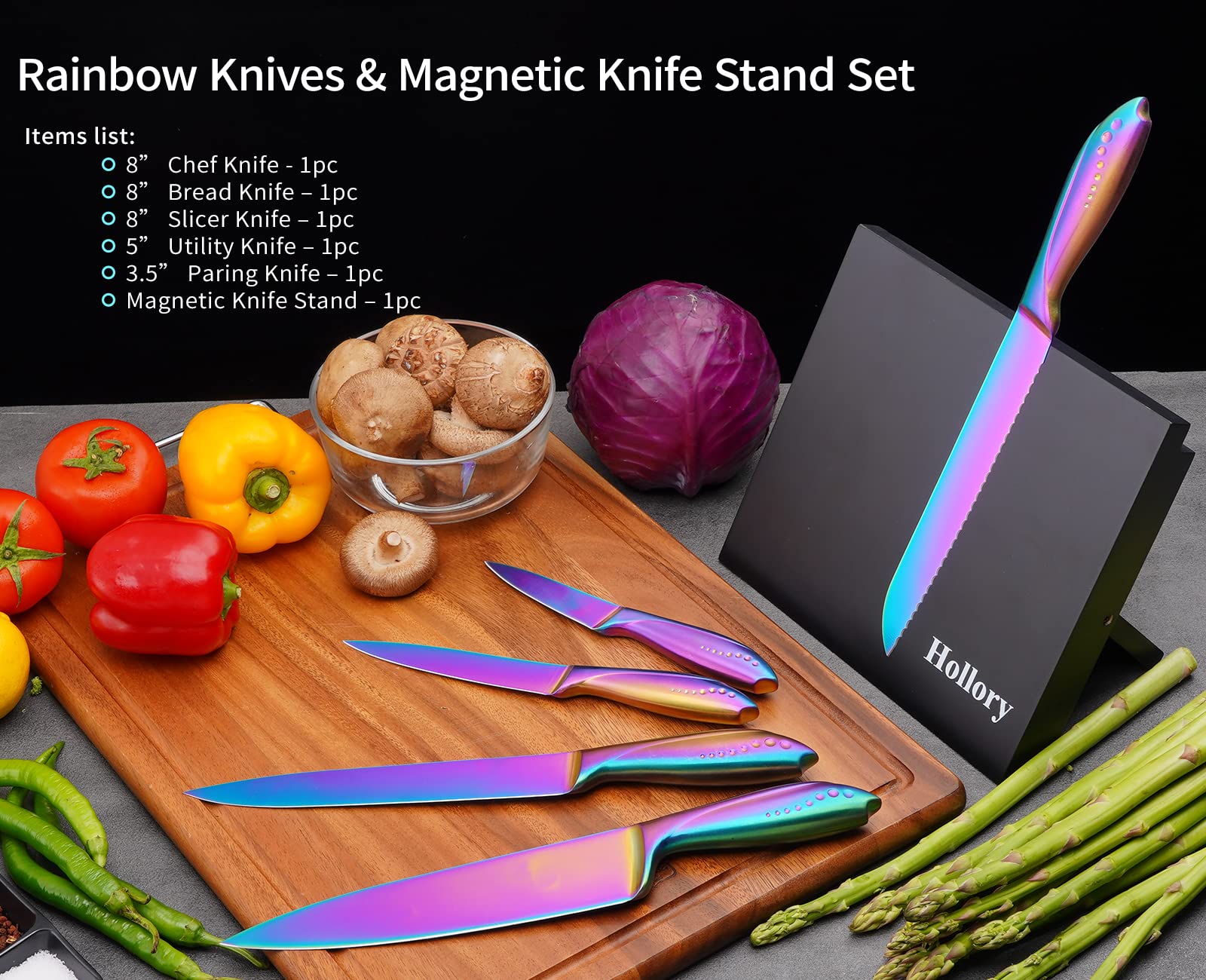 Rainbow Knives Block Set 6 Pieces, Iridescent German High Carbon Stainless Steel Kitchen Knives Pack with Magnetic Knife Display Rack