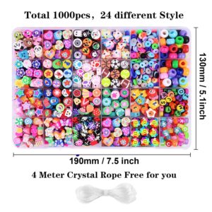 1000PCS Polymer Clay Beads Bracelet Making kit, 24 Style Cute Fun Beads Fruit Flower Animal Cake Butterfly Heart Beads Charms for Jewelry Necklace Earring Making DIY Accessories for Women Girls