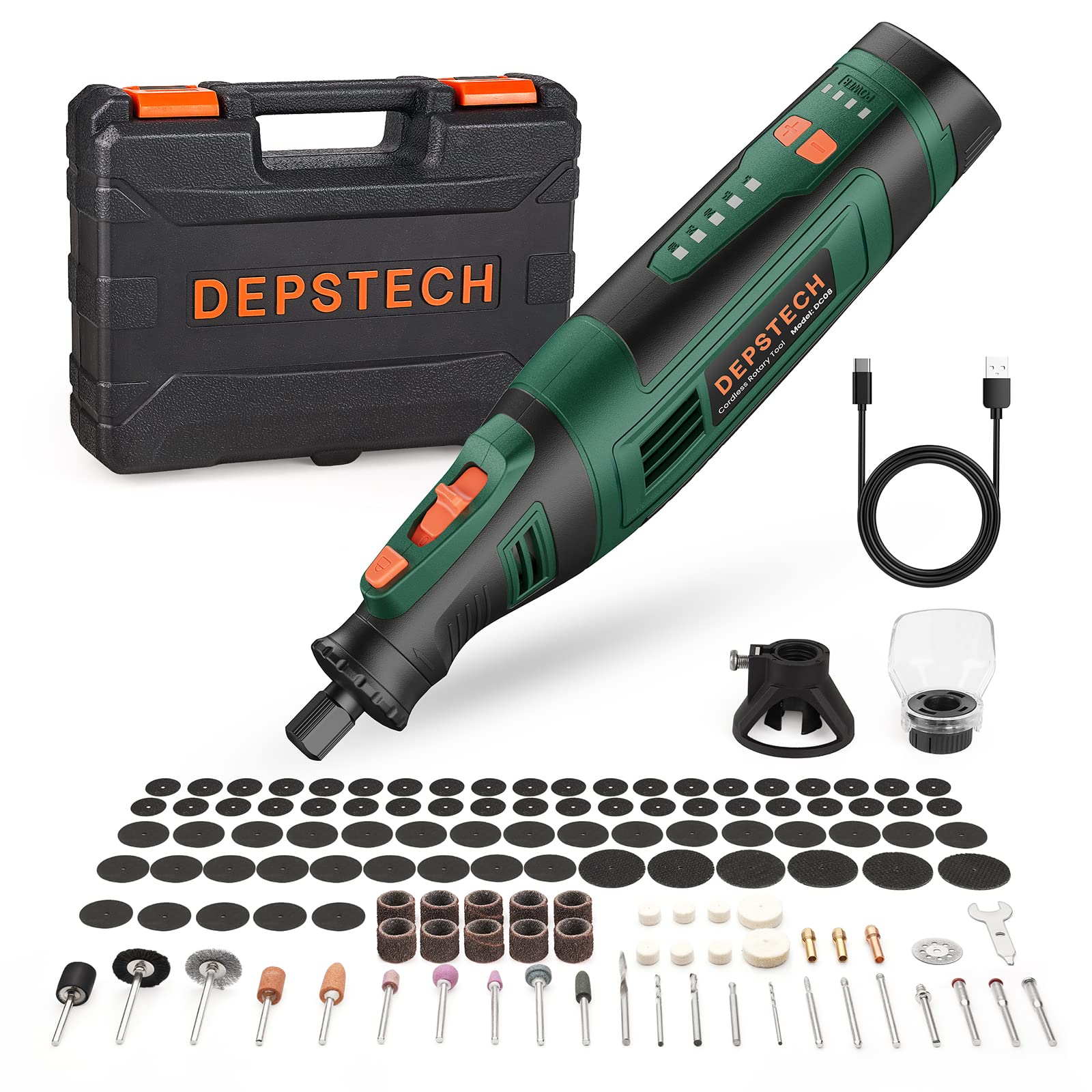 DEPSTECH Cordless Rotary Tool Kit, 8V 2.0Ah Rechargeable Battery, 30000RPM 5-Speed Multi Power Carving Tools, 127Pcs Accessories, Shield Attachment, Cutting/Drilling Guide for Handmade/DIY Creations