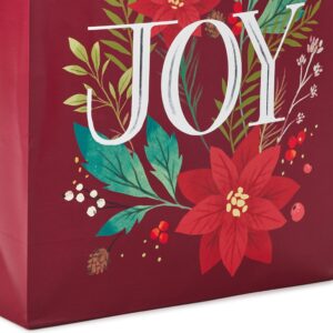 Hallmark 15" Extra Large Christmas Gift Bag with Tissue Paper (Dark Red with Poinsettia Flowers, "JOY") for Mom, Sister, Grandmother, Wife, Teacher, Boss