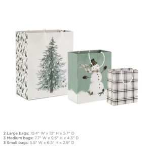 Hallmark Christmas Gift Bag Assortment (8 Bags: 3 Small 6", 3 Medium 9", 2 Large 13") White and Sage Green with Rustic Snowman, Plaid, Evergreen Tree for Christmas, Winter Weddings, Birthdays