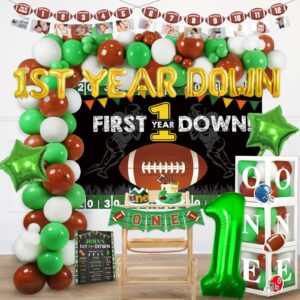 fiesec first year down football birthday party decorations, football touchdown 1st birthday decorations balloon garland backdrop photo highchair banner cake topper box cutout crown poster 136 pcs