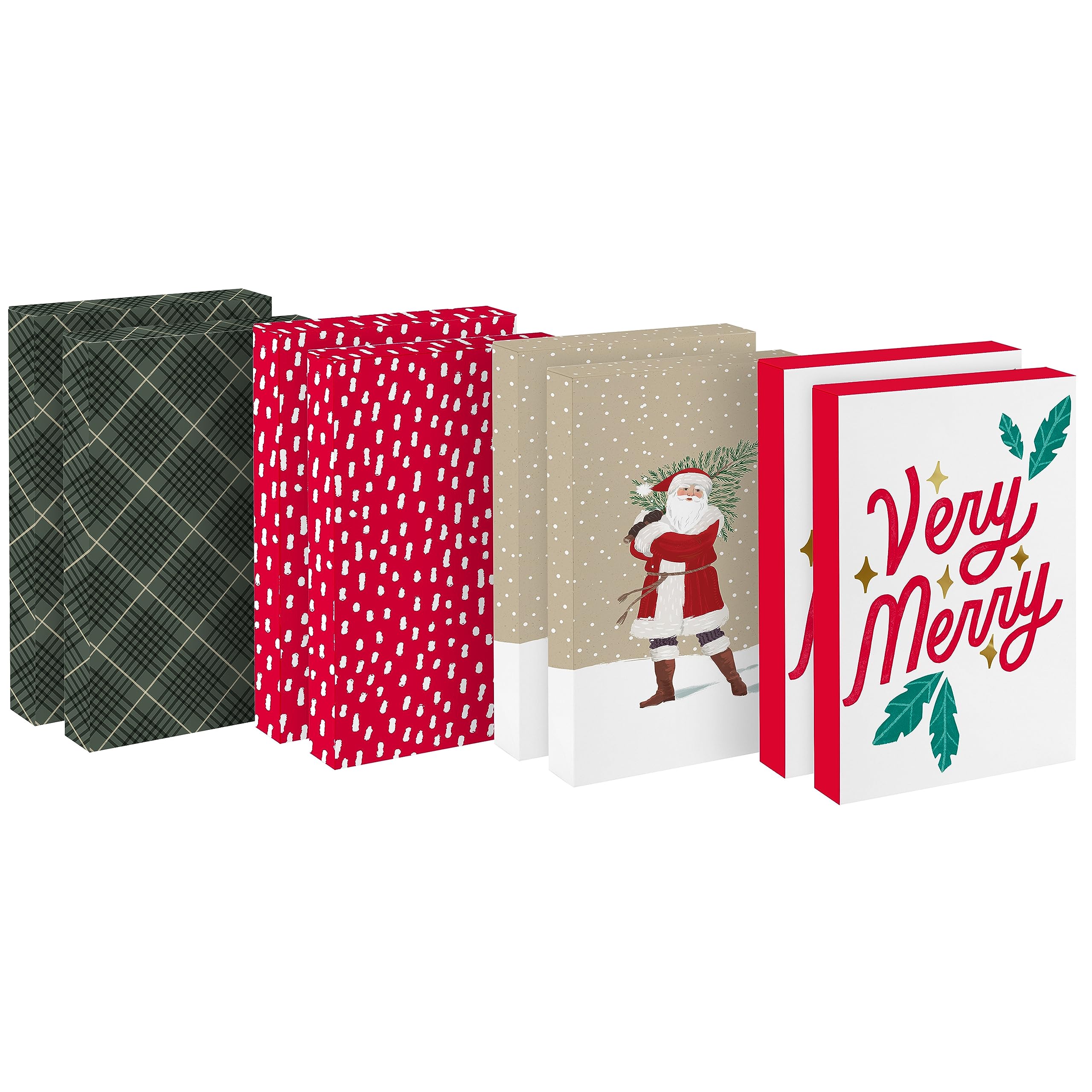 Hallmark Large Christmas Gift Boxes with Lids (8 Sweater Boxes, Rustic Santa, Plaid, "Very Merry," Red with White Speckles) for Christmas, Holiday Parties, Hostess Gifts