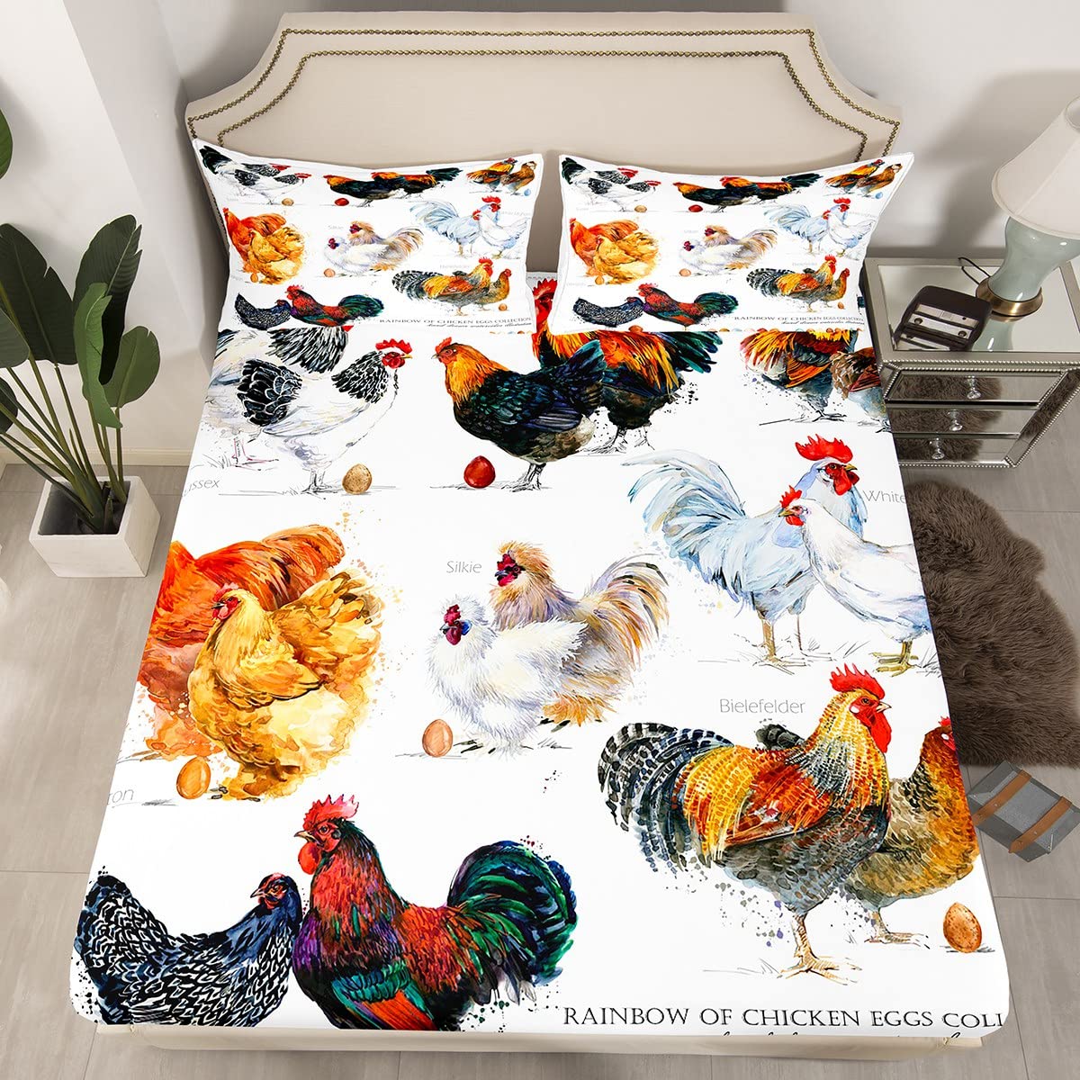 Chicken Breed Fitted Sheet Beautiful Rooster Bedding Set for Kids Boys Girls Rustic Farmhouse Bed Sheet Set Breathable Farm Animal Bed Cover Room Decor Bed Set Queen Size