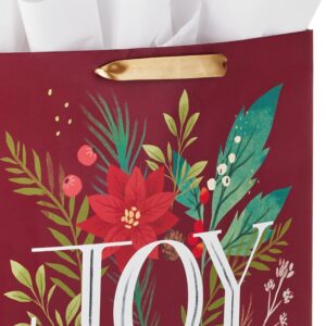 Hallmark 15" Extra Large Christmas Gift Bag with Tissue Paper (Dark Red with Poinsettia Flowers, "JOY") for Mom, Sister, Grandmother, Wife, Teacher, Boss