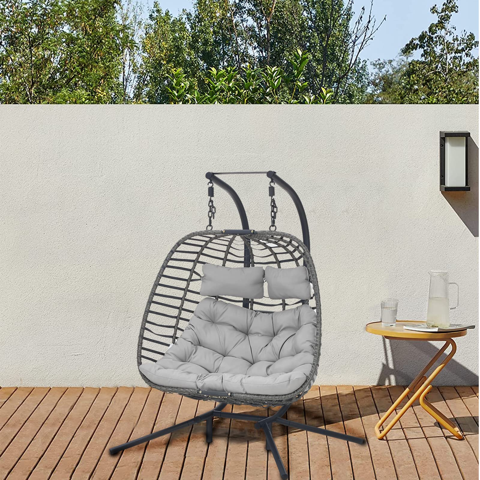 IRONKOM 2 Person Wicker Double Swing Chair with Cushion Grey