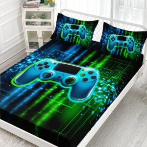 Datura home Video Gamer Sheet Set 4Pcs Kids Green Black Gamepad Modern Gamer Gaming Printed Sheet Set with 1 Flat Sheet and 1 Fitted Sheet + 2 Pillowcases for Boys(Gamepad Twin)