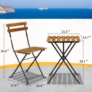 BLKMTY Folding Patio Bistro Set 3-Piece Outdoor Patio Furniture Sets Folding Table and Chairs Wood Bistro Set Balcony Cafe Table Square Patio Table Chair for Porch, Garden, Backyard, Nature