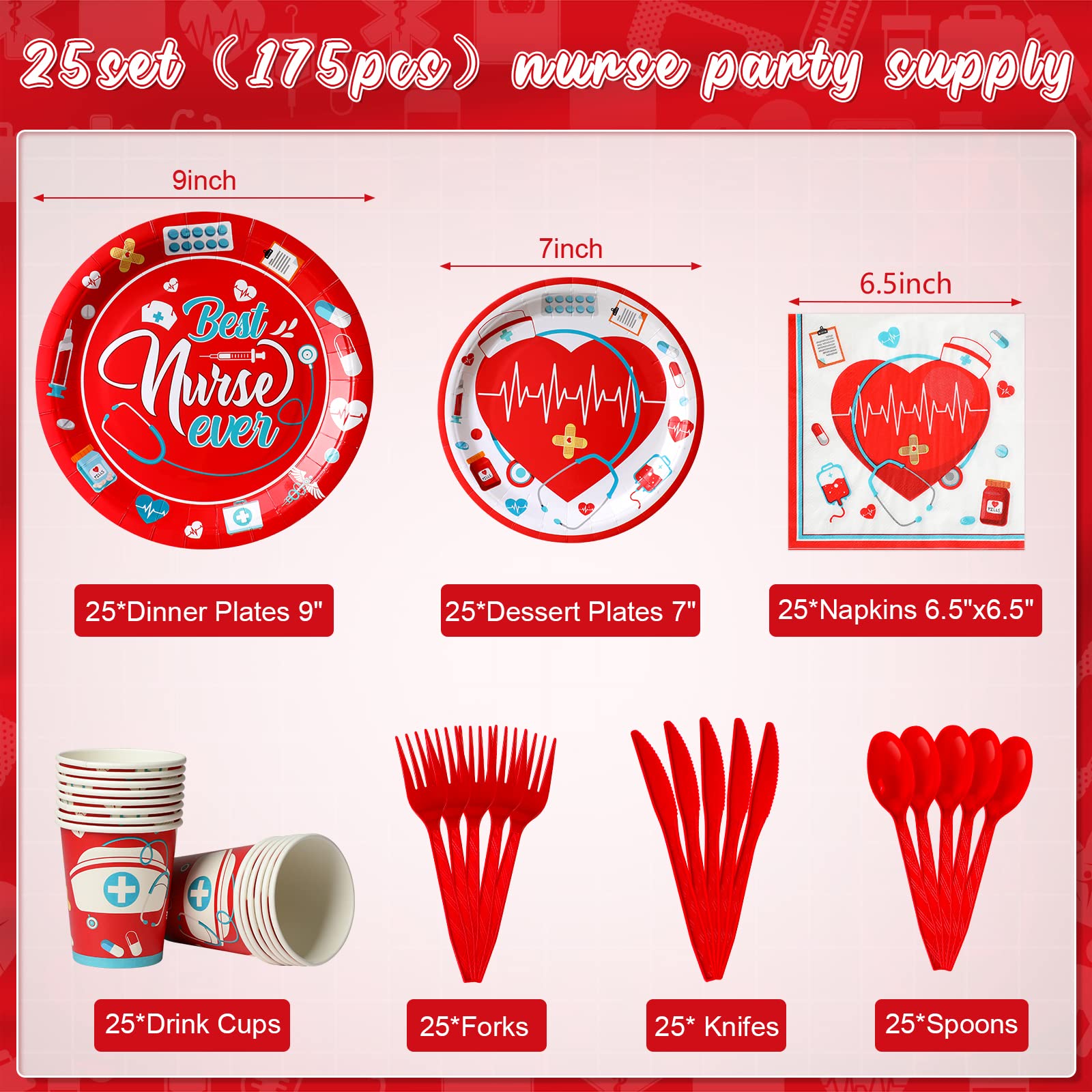 175pcs Nurse Graduation Nurses Week Plates Napkins Set,Thank You Nurse Disposable Party Supplies set, Include Plate, Napkin, Cup, Knife, Fork and Spoon for Nurse Party Decorations, Serve 25 Guest