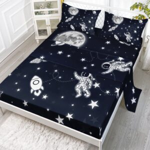 datura home astronaut space sheet bedding set 4pcs astronaut space rocket printed sheet set with 1 flat sheet and 1 fitted sheet + 2 pillowcases for boys bedroom(space astronaut twin)