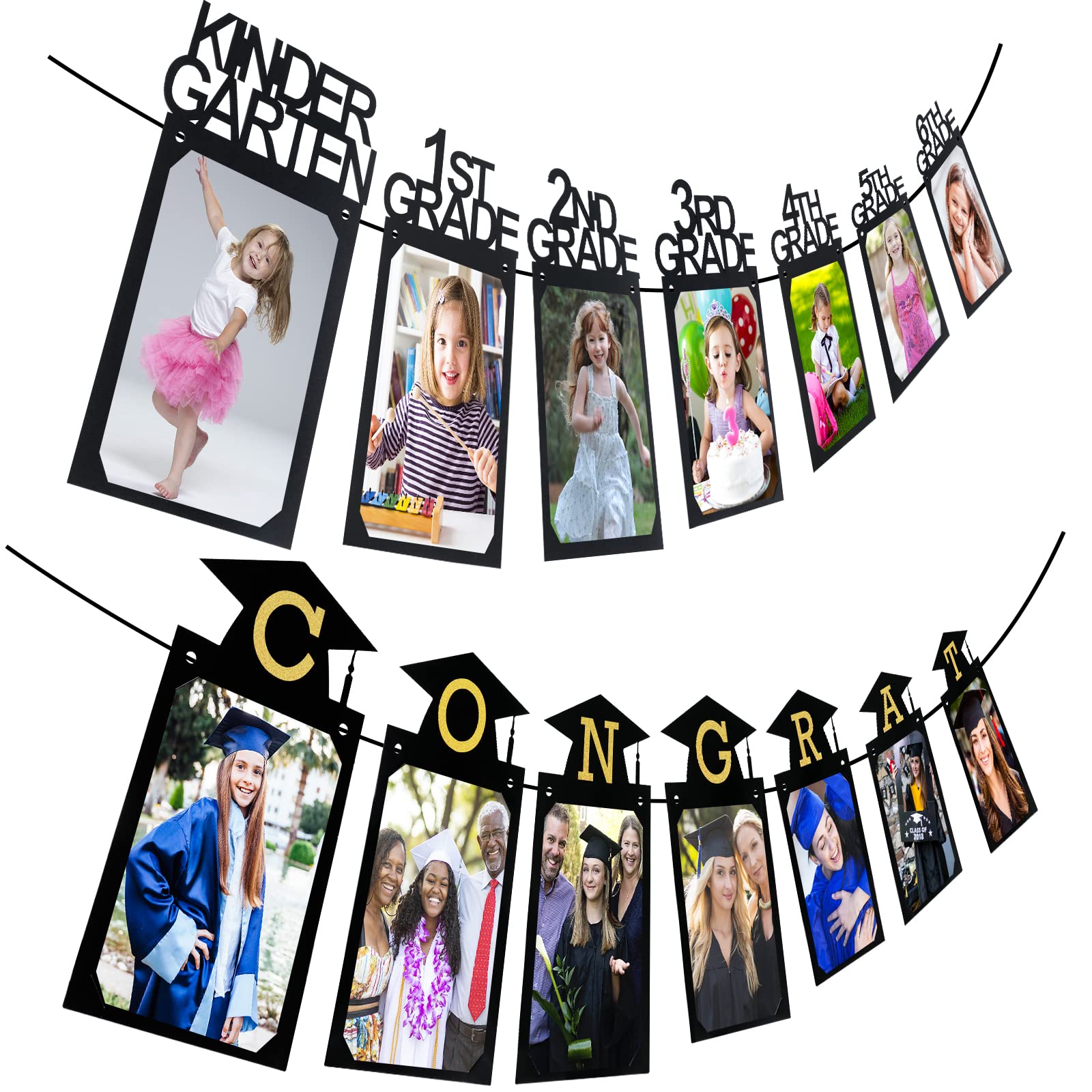 FOIMAS 2pcs Graduation Photo Banner,5x7 Inch Congrats Grad Photo Banner Kindergarten to 12th Grade Picture Hanging Garland for 2024 Graduation Party Supplies