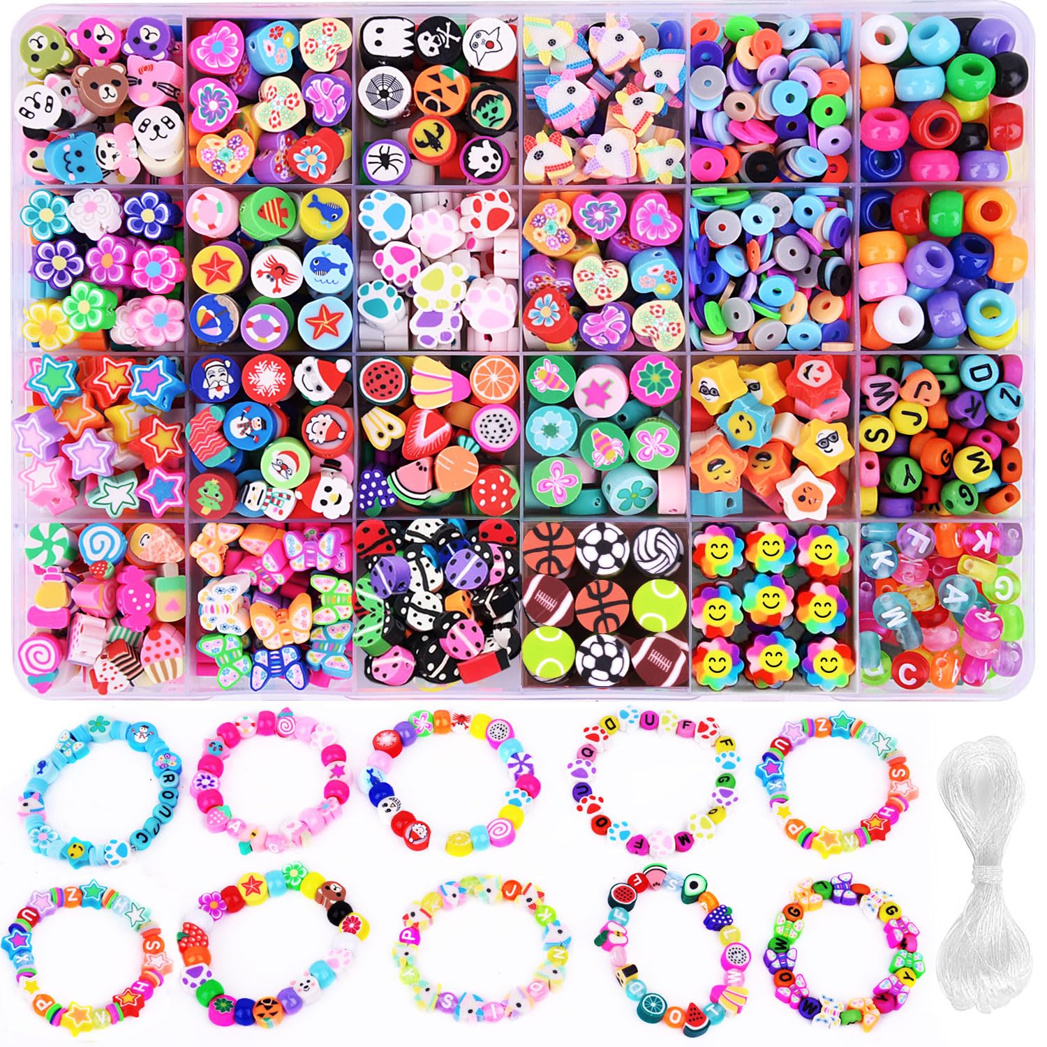 1000PCS Polymer Clay Beads Bracelet Making kit, 24 Style Cute Fun Beads Fruit Flower Animal Cake Butterfly Heart Beads Charms for Jewelry Necklace Earring Making DIY Accessories for Women Girls