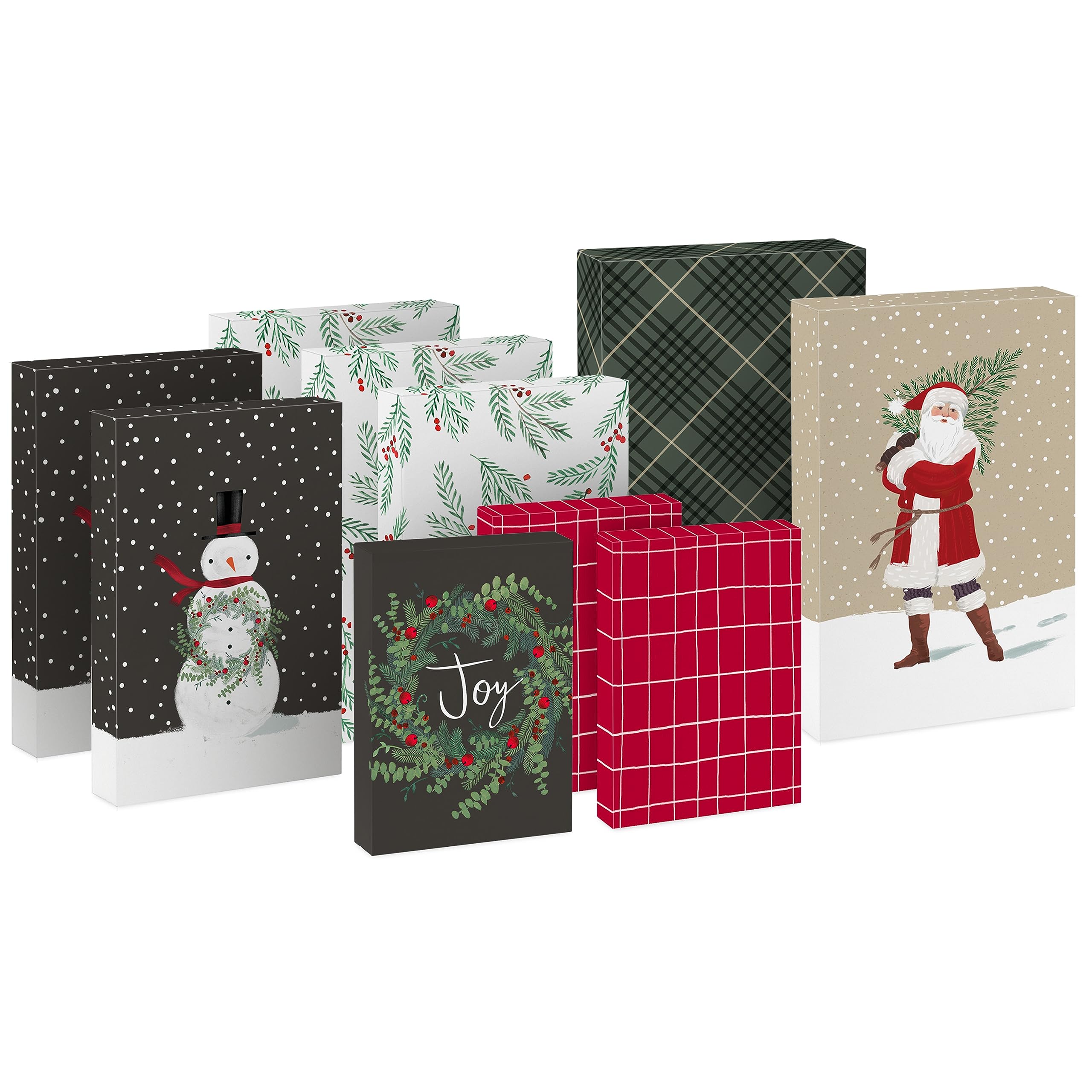 Hallmark Christmas Shirt Boxes for Presents (10 Clothes Boxes with Lids: 3 Small 11", 5 Medium 14", 2 Large 16") Red, Green and Black Plaid, Snowmen, Santa, Winter Greenery