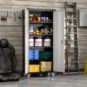 SUXXAN Metal Storage Cabinet with Wheels, Rolling Garage Storage Cabinets with 4 Adjustable Shelves, Metal Garage Storage Cabinet with Wheels, Locking Cabinet 72" H, Assembly Require