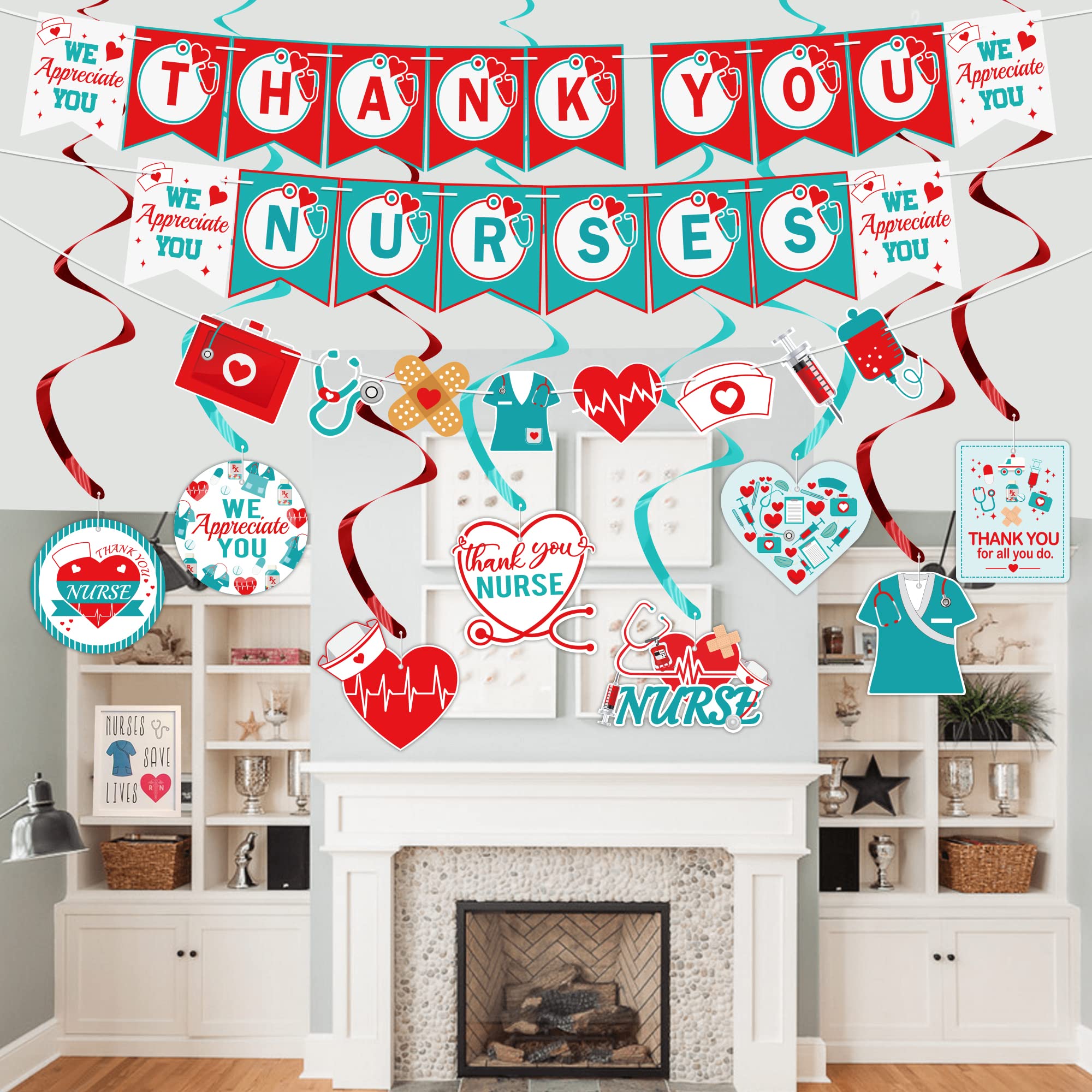 Nurse Appreciation Week Party Decorations Supplies - Pre Strung Nurse Day Decorations Set Include 8pcs Hanging Swirls & 3pcs Thank You Nurses Banners Garland for Nurse Appreciation Week Parties