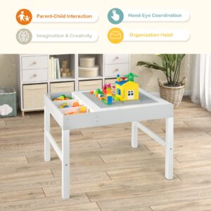 Costzon Kids Table, 3 in 1 Wooden Building Block Desk w/Storage, Double-Sided Tabletop for Toddler Arts, Crafts, Drawing, Reading, Playing, Gift for Boys Girls, Children Activity Table (White & Gray)