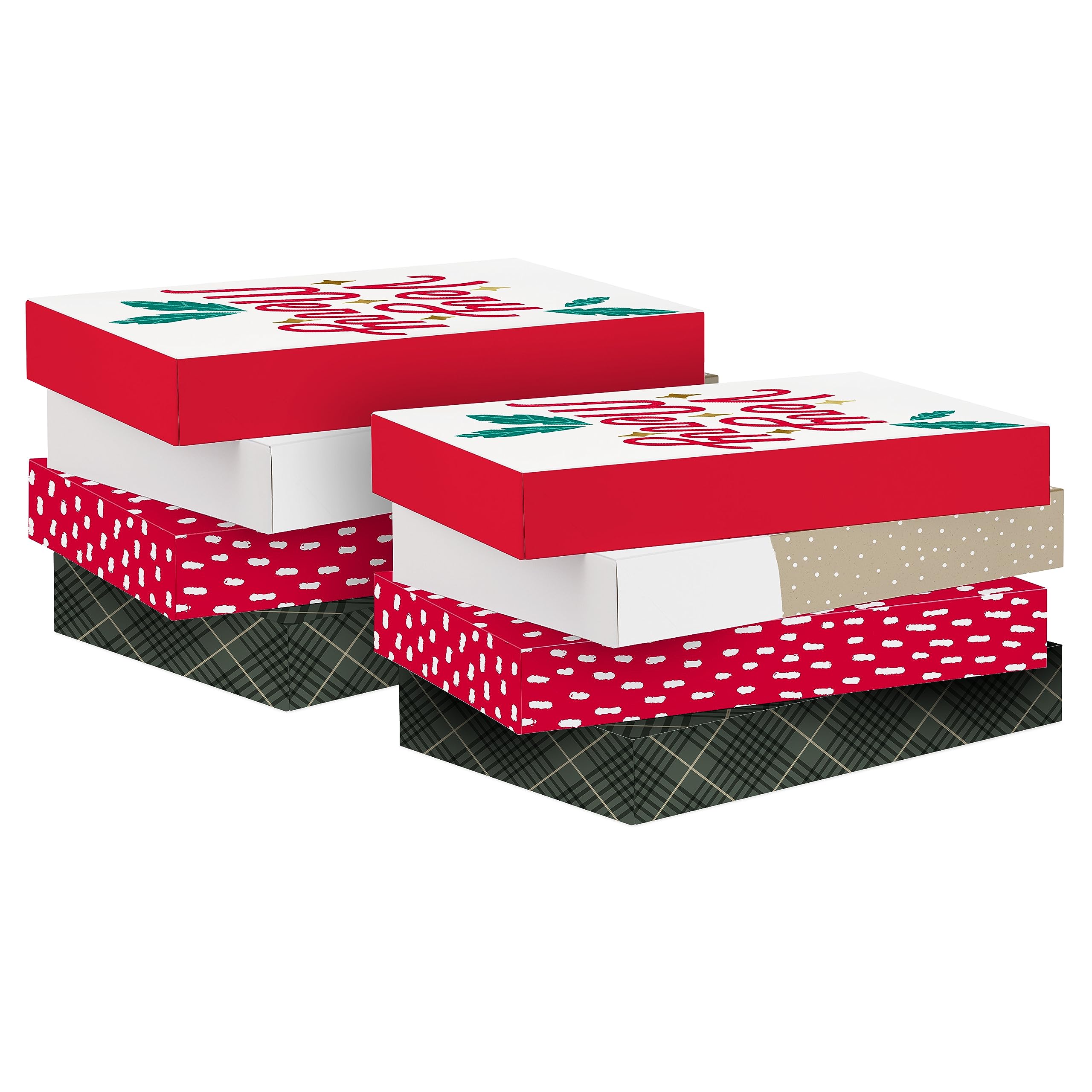 Hallmark Large Christmas Gift Boxes with Lids (8 Sweater Boxes, Rustic Santa, Plaid, "Very Merry," Red with White Speckles) for Christmas, Holiday Parties, Hostess Gifts