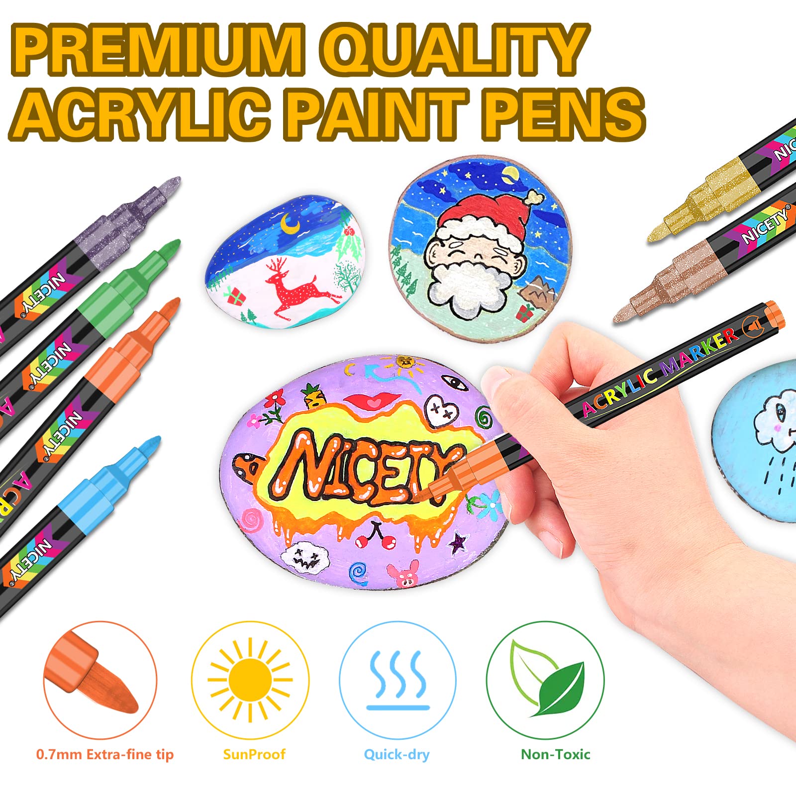 NICETY 72 Colors Acrylic Paint Pens Paint Markers, Extra Fine Tip Point Acrylic Paint Pens for Rock Painting, Canvas, Wood, Ceramic, Glass, Stone, Fabric, DIY Crafts & Art Supplies