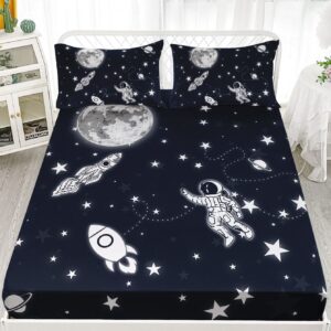 Datura home Astronaut Space Sheet Bedding Set 4Pcs Astronaut Space Rocket Printed Sheet Set with 1 Flat Sheet and 1 Fitted Sheet + 2 Pillowcases for Boys Bedroom(Space Astronaut Twin)