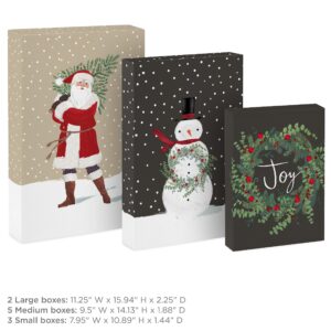 Hallmark Christmas Shirt Boxes for Presents (10 Clothes Boxes with Lids: 3 Small 11", 5 Medium 14", 2 Large 16") Red, Green and Black Plaid, Snowmen, Santa, Winter Greenery