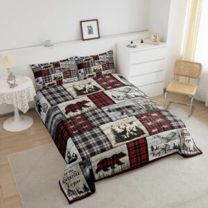 Rustic Cabin Comforter Set Queen Woodland Wolf Deer Bear Comforter For Kids Adults,Red Black Buffalo Plaid Bedding Set Wildlife Camping Lodge Mountain Quilt Bedding Southwestern Farmhouse Decor