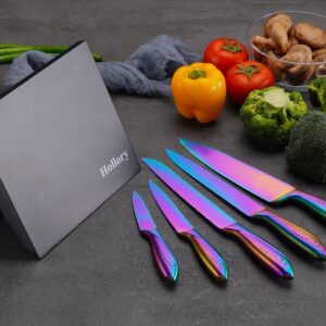 Rainbow Knives Block Set 6 Pieces, Iridescent German High Carbon Stainless Steel Kitchen Knives Pack with Magnetic Knife Display Rack