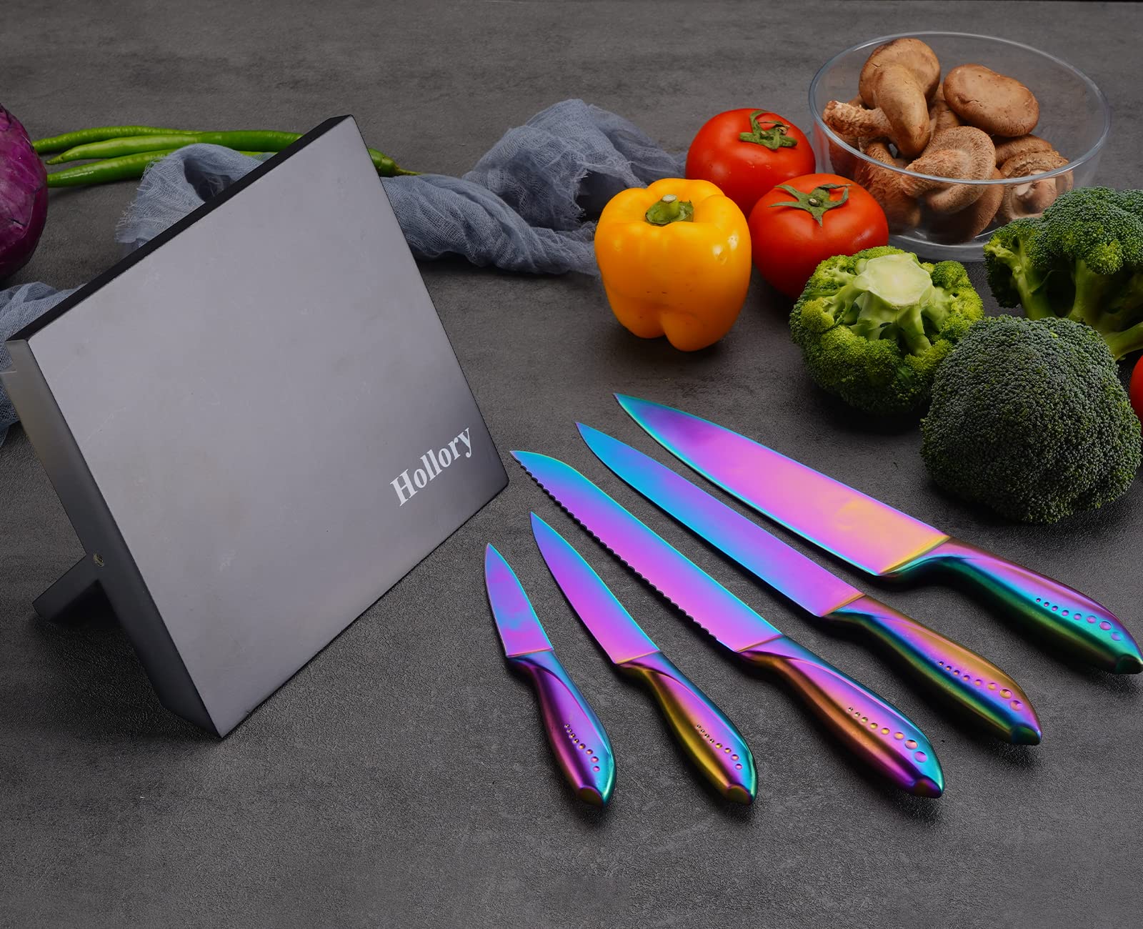 Rainbow Knives Block Set 6 Pieces, Iridescent German High Carbon Stainless Steel Kitchen Knives Pack with Magnetic Knife Display Rack