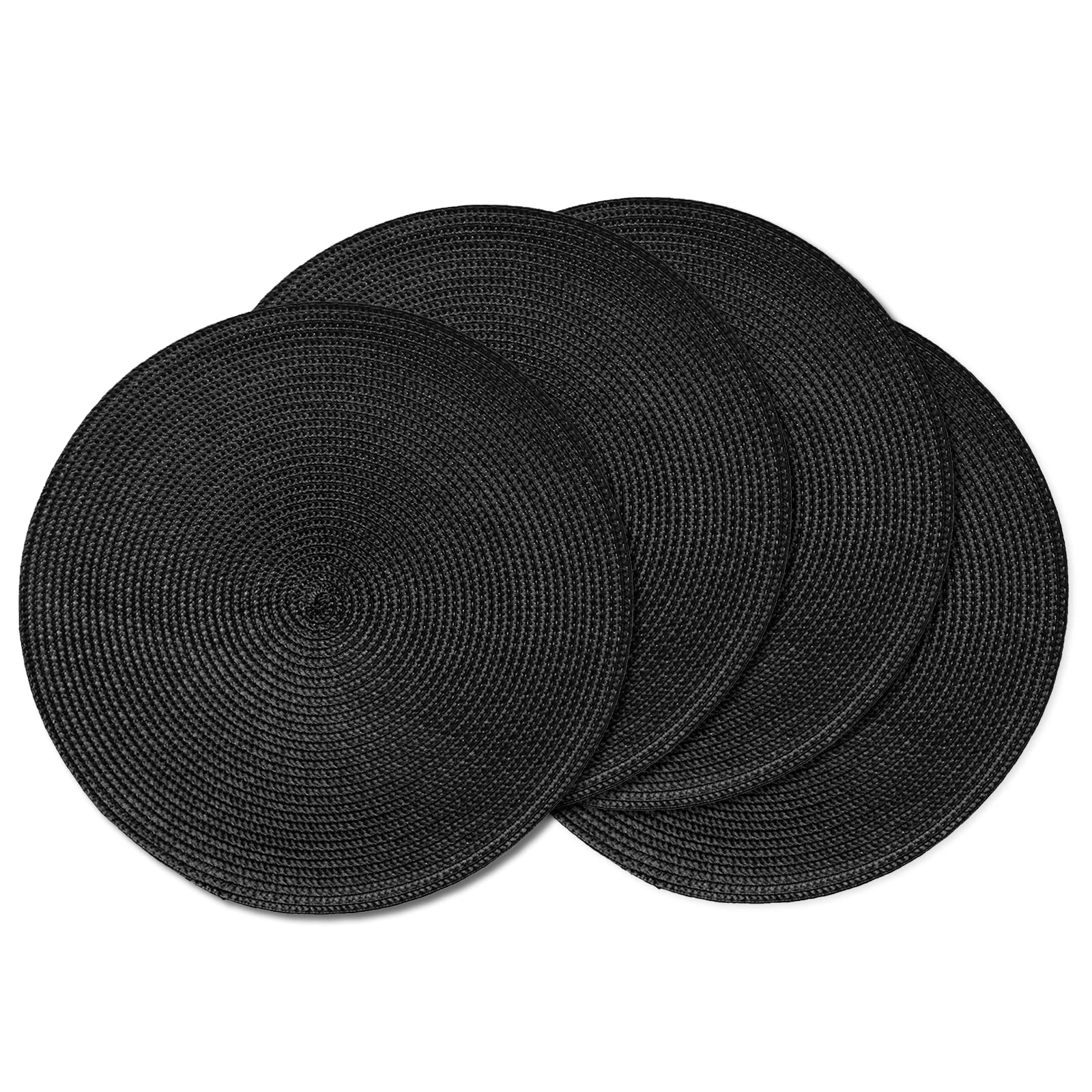 AHHFSMEI Round Braided Placemats Set of 4 Round Table Mats for Dining Tables Natural Woven Heat Resistant Place mats 15 Inch (Black,4)