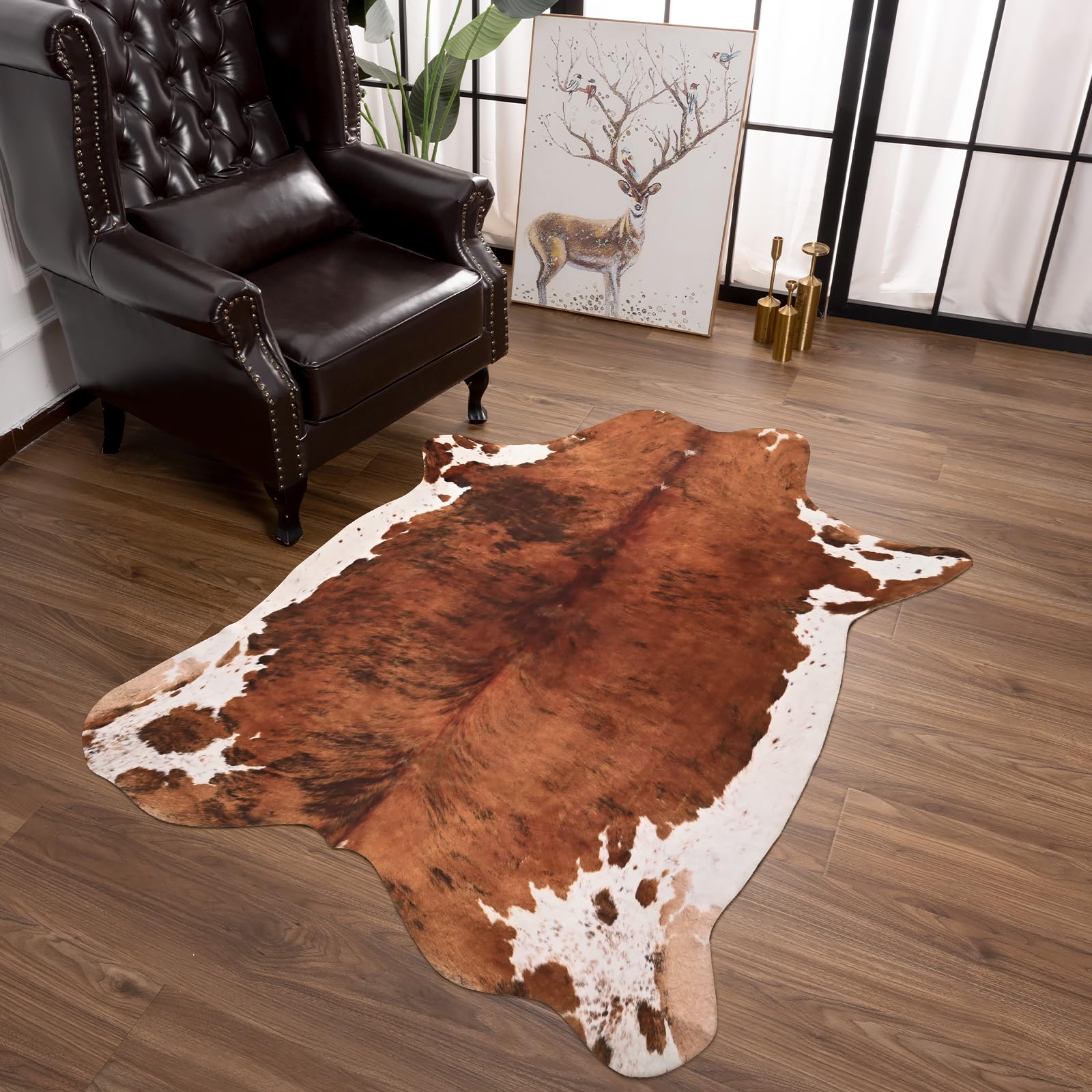 Terrug Small Cowhide Rug Western Decor, 3.6 x 2.3 Feet Premium Western Cow Print Rug, Faux Cowhide Rug for Living Room Bedroom Entryway Kitchen Hallyway Party Wall Home Decor, Brown