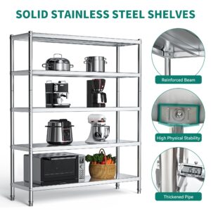 YITAHOME NSF Stainless Steel Shelves, 60"*18"*72" 5 Tier Storage Shelf, Heavy Duty Shelving for Kitchen Garage Office Restaurant Warehouse, 201 Bright Silver