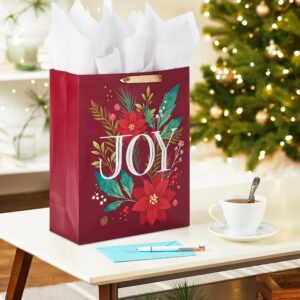 Hallmark 15" Extra Large Christmas Gift Bag with Tissue Paper (Dark Red with Poinsettia Flowers, "JOY") for Mom, Sister, Grandmother, Wife, Teacher, Boss