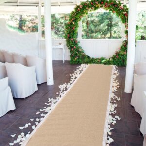 tudomro burlap wedding aisle runner for wedding ceremony white lace wedding runner walkway weddings carpet indoor outdoor party event reception bridal shower ceremony decorations (40'' x 15 ft)